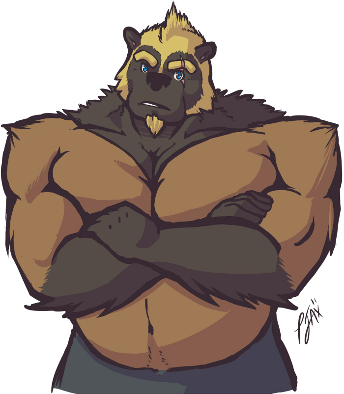 anthro beard black_nose blonde_hair blue_eyes clothed clothing facial_hair hair looking_at_viewer male overweight overweight_anthro overweight_male scar slightly_chubby solo topless punkjax kuzuri gulonine mammal mustelid musteline wolverine