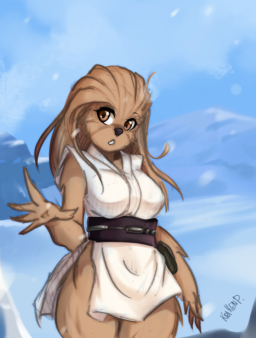 belt black_nose breasts brown_body brown_eyes brown_fur brown_hair clothed clothing detailed_background eyebrows eyelashes female fur hair jedi_tunic long_hair looking_at_viewer mountain open_mouth outside shirt snow snowing solo text topwear tunic krakenparty star_wars alien alien_humanoid humanoid mammal wookiee 2018 english_text signature traditional_media_(artwork)