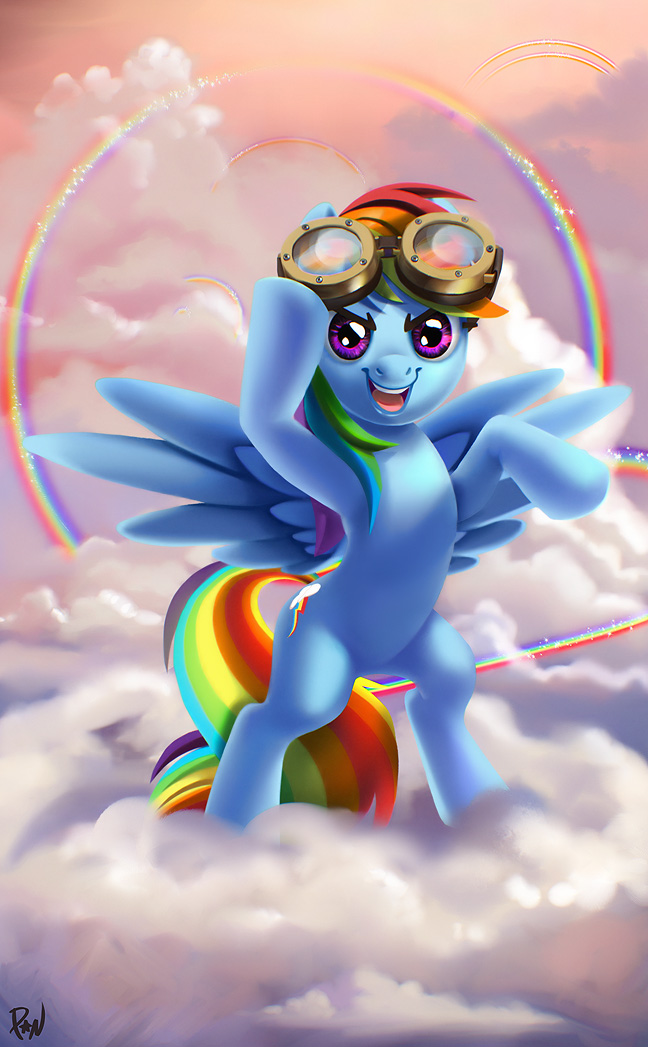 blue_body blue_feathers blue_fur circle cloud double_rainbow eyewear feathered_wings feathers female feral fur goggles hair halo multicolored_hair multicolored_tail on_hind_legs outside rainbow rainbow_arch rainbow_hair rainbow_tail sky skyscape solo tail wings mewpan friendship_is_magic hasbro my_little_pony mythology rainbow_dash_(mlp) equid equine mammal mythological_creature mythological_equine pegasus