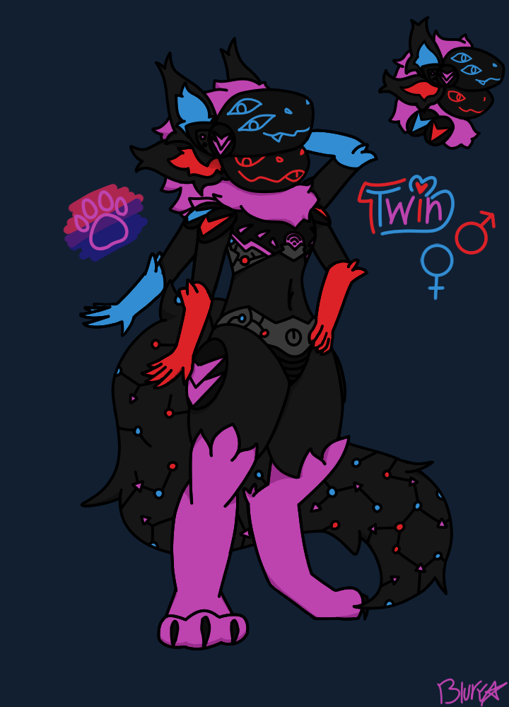 2_heads 2_mouths 4_arms 4_ears 6_eyes anthro bisexual_pride_colors lgbt_pride long_tail machine male multi_arm multi_ear multi_eye multi_head multi_limb multi_mouth pose pride_colors protogen_visor solo tail blury protogen model_sheet sibling_(lore) twins_(lore)