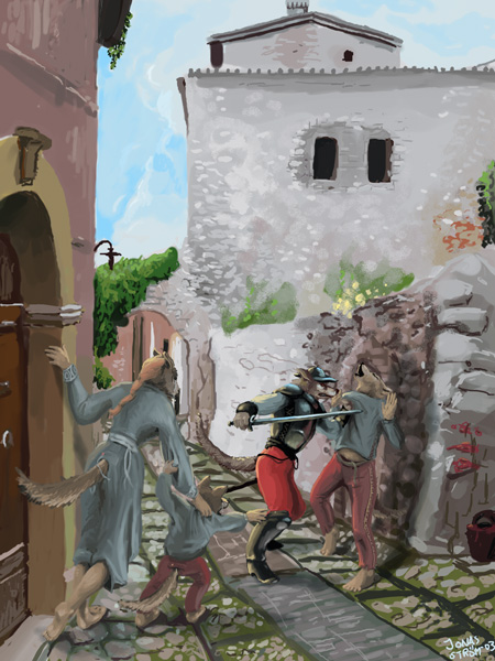 anthro being_watched city cross family female group heresy holding_melee_weapon holding_object holding_sword holding_weapon imminent_death killing looking_at_another male melee_weapon military religion sad soldier spain sword swordpoint tail warrior weapon young jonas_strom canid canine mammal 3:4