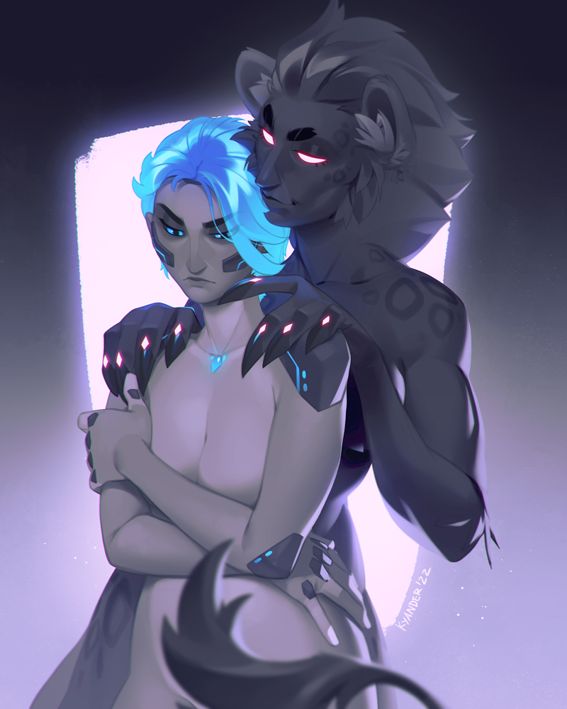 5_fingers anthro black_body black_fur black_hair blue_eyes blue_hair breasts duo eyebrows eyelashes female fingers fur hair male nude kyander 2022 4:5 digital_media_(artwork)