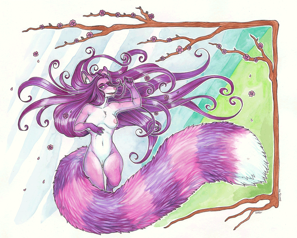 anthro breasts female genitals hair nipples nude purple_hair pussy solo tail calolily iggi canid canine mammal raccoon_dog tanuki 2011 artist_collaboration