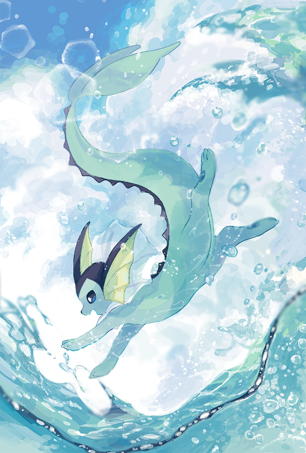 amazing_background ambiguous_gender blue_body blue_eyes bokeh bubble cloud detailed_background feral fin frill_(anatomy) frutiger_aero happy light open_mouth paws scenery_porn sky solo splash tail tail_fin water wave yura_inaho nintendo pokemon eeveelution generation_1_pokemon pokemon_(species) vaporeon detailed full-length_portrait portrait