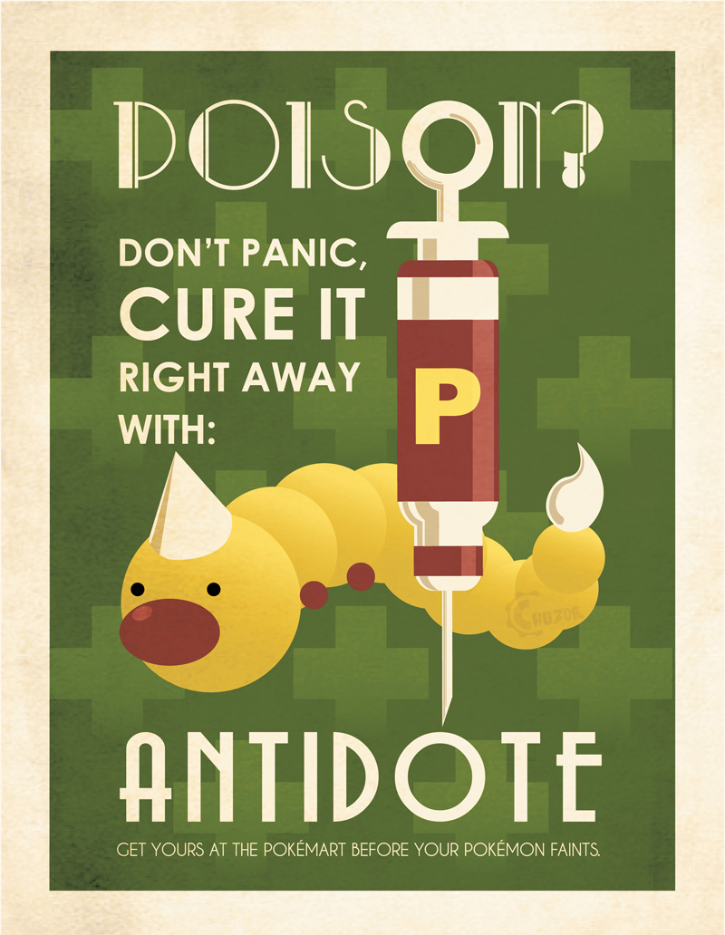 antidote black_eyes horn poster poster_template solo syringe text chuz0r nintendo pokemon generation_1_pokemon pokemon_(species) weedle worm 2013 english_text