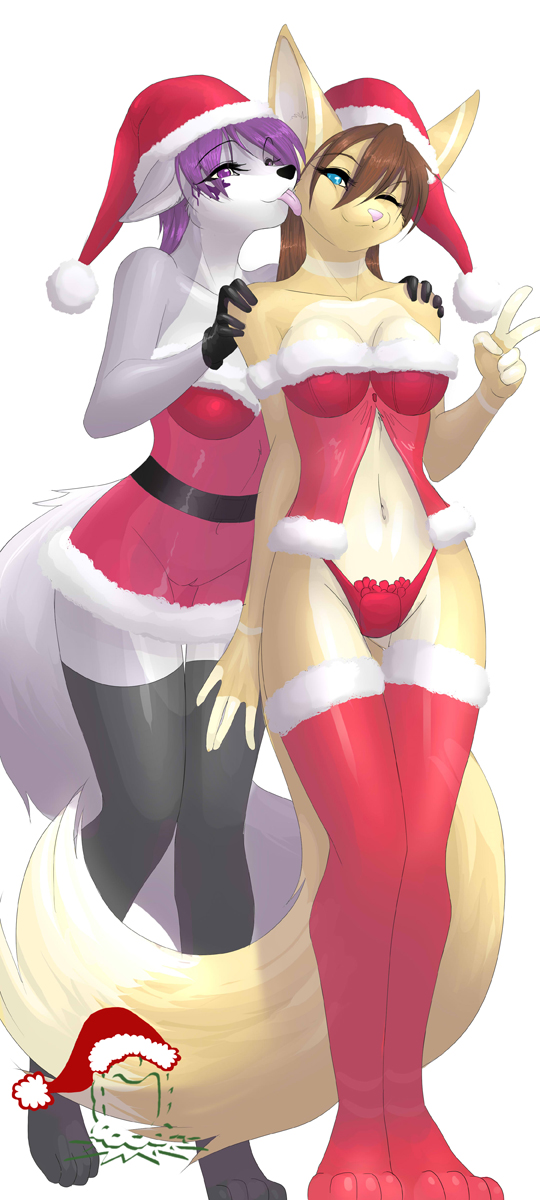 anthro blue_eyes bra brown_hair christmas_clothing christmas_headwear clothed clothing duo female female/female genitals hair hat headgear headwear holidays legwear licking panties purple_eyes purple_hair pussy santa_hat skimpy stockings tail thigh_gap thigh_highs tongue tongue_out translucent translucent_clothing underwear dossun christmas jess_(teckly) tila_(jl2154) canid canine canis fox mammal wolf hi_res