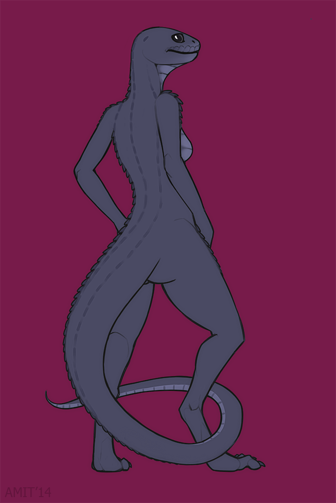 anthro biped digitigrade earhole female grey_body grey_skin multicolored_body multicolored_skin nude paws purple_background scales simple_background solo spines standing two_tone_body two_tone_skin yellow_eyes amit mali reptile scalie snake 2014