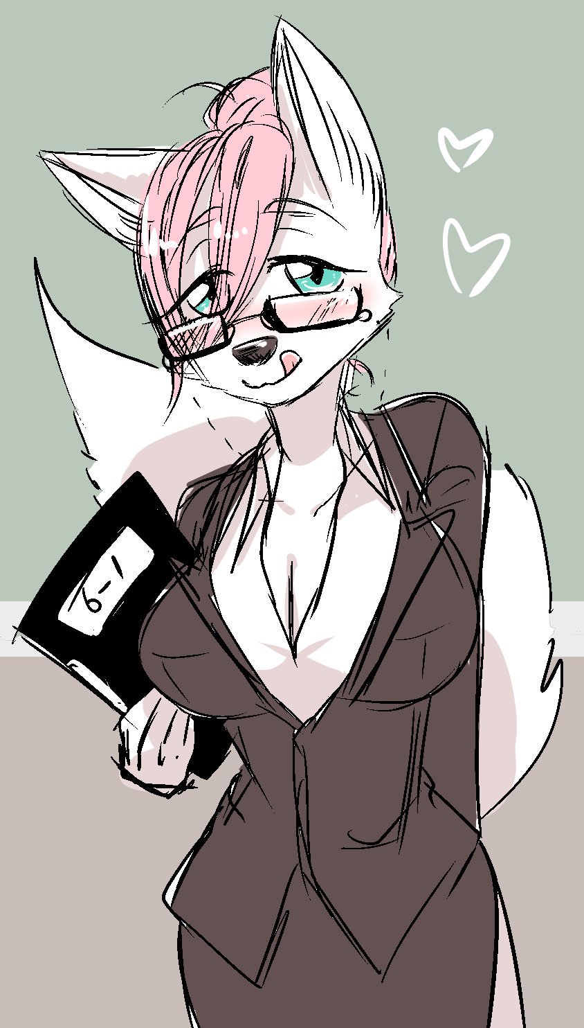 anthro biped black_nose breasts cleavage closed_smile clothed clothing dark_nose eye_through_hair eyebrow_through_hair eyebrows eyewear female female_anthro fur glasses hair hand_behind_back heart_symbol kemono light_body light_fur light_tail looking_at_viewer monotone_body monotone_fur monotone_hair monotone_tail mouth_closed pink_hair pink_tongue raised_tail short_hair smile smiling_at_viewer solo tail teal_eyes tongue tongue_out translucent translucent_hair under-rim_eyewear under-rim_glasses white_body white_fur white_tail kazuhiro canid canine mammal 2019 digital_media_(artwork) hi_res