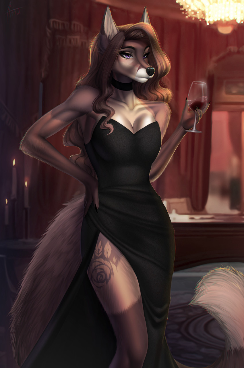 5_fingers anthro beverage black_nose breasts brown_body brown_fur brown_hair candle clothed clothing eyebrows eyelashes female fingers fur hair purple_eyes solo amur chessie_(shycyborg) canid canine fox mammal 2021 digital_media_(artwork) hi_res