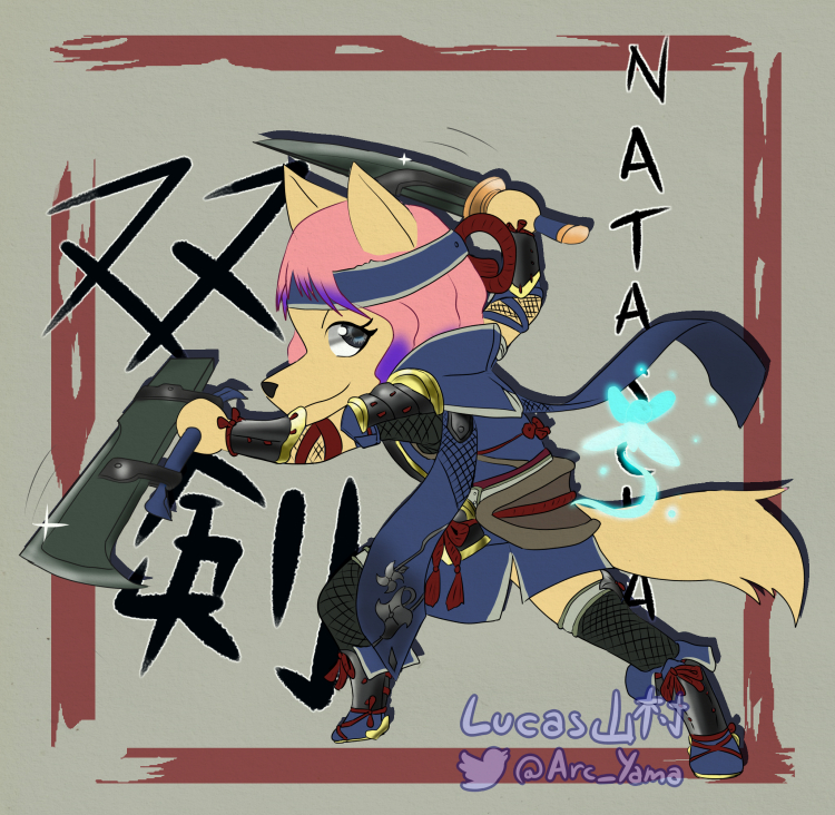 anthro armor chibi female grey_eyes hair headgear looking_at_viewer melee_weapon pink_hair sword text weapon arc_rose capcom monster_hunter natascha canid canine canis domestic_dog husky mammal nordic_sled_dog spitz wirebug 2022 japanese_text