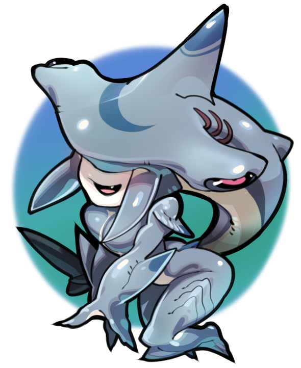 :d blue_body breasts chibi countershading fangs female fin for_a_head gills head_fin head_tail nude open_mouth pink_eyes smile solo teeth sidotama animal_humanoid fish fish_humanoid ground_shark hammerhead_shark humanoid marine marine_humanoid shark shark_humanoid