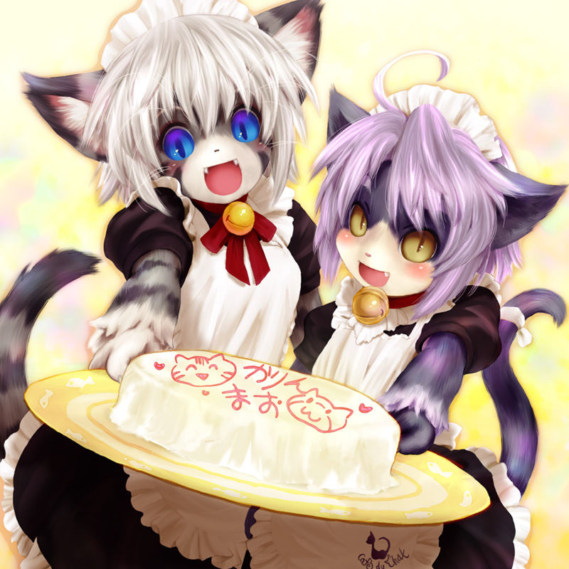 :d accessory ahoge ambiguous_gender anthro bell bell_collar blue_eyes blush cake clothing collar cute_fangs dessert duo fangs food furgonomics hair inner_ear_fluff looking_at_viewer maid_uniform offering_to_viewer pupils purple_hair ribbons simple_background slit_pupils smile standing tail tail_accessory tail_ribbon teeth tuft uniform whiskers white_hair yellow_eyes tetetor-oort karin_(tetetor-oort) mao_(cotora) domestic_cat felid feline felis mammal 1:1 2009