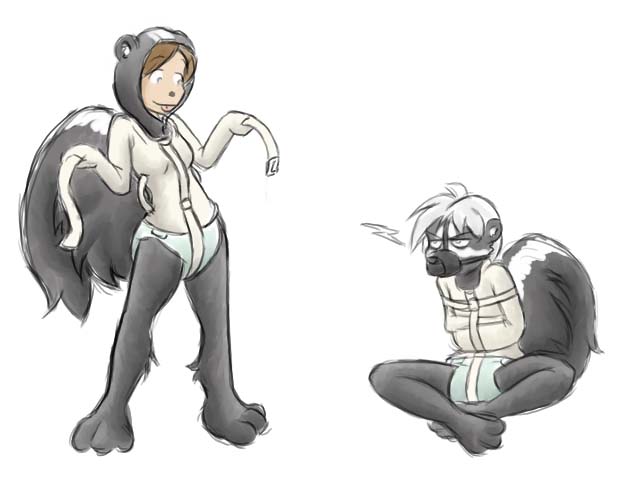 animal_hood anthro bdsm bondage bound clean_diaper clothed clothing diaper duo female male muzzle_(object) muzzled restraints straitjacket suit wearing_diaper carotte666 human mammal mephitid skunk