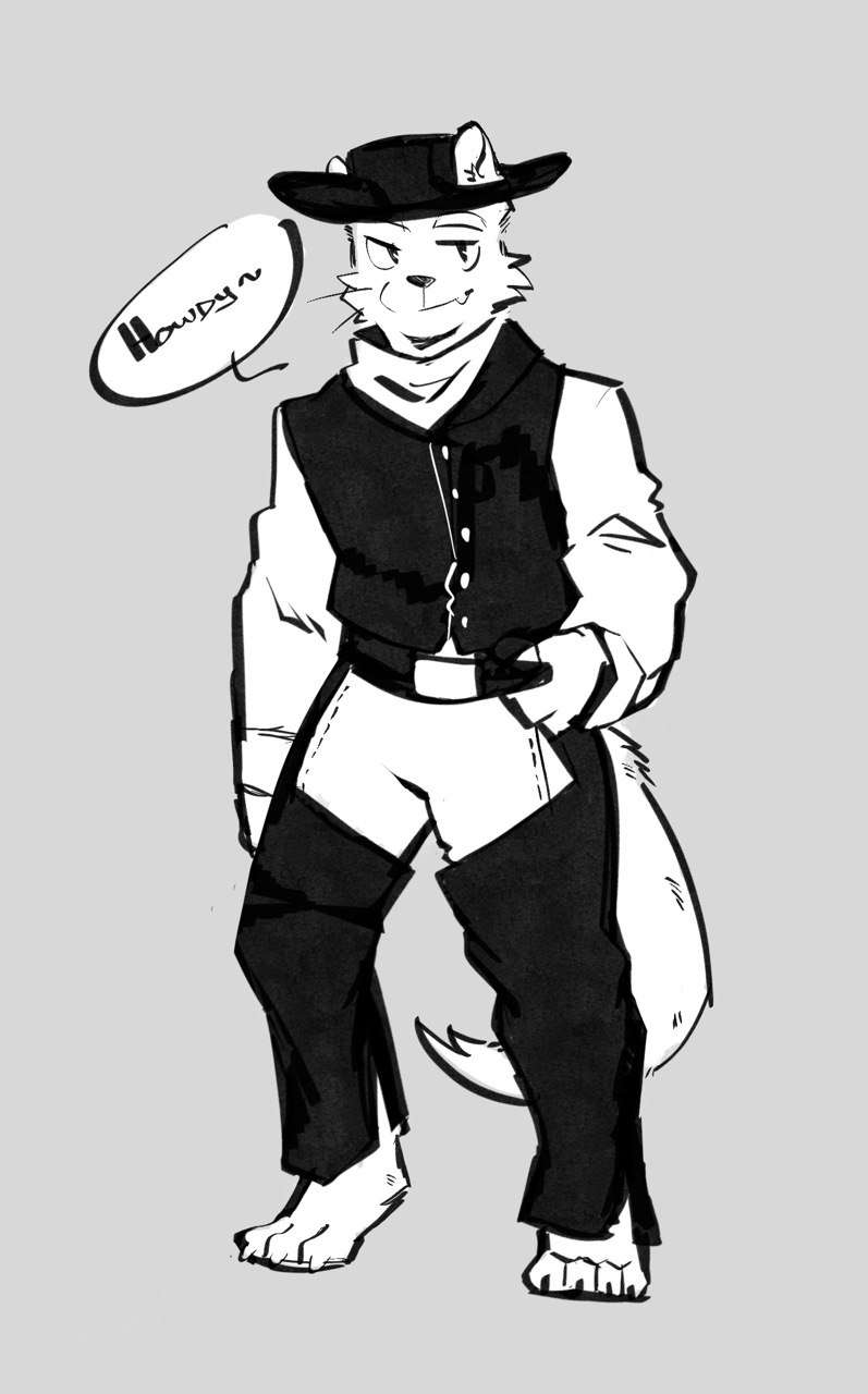 anthro clothing cowboy cowboy_hat cowboy_outfit hat headgear headwear looking_at_viewer male solo speech_bubble tohfu hunter_marte gulonine mammal marten mustelid musteline pine_marten hi_res monochrome