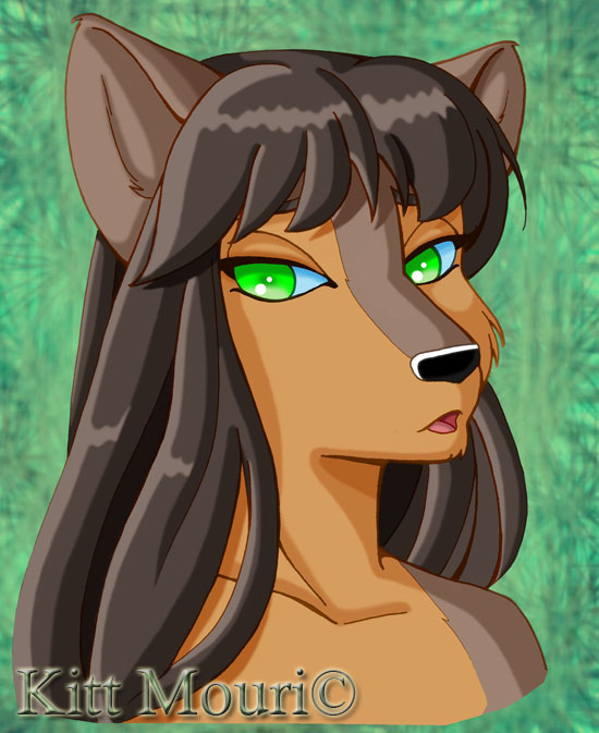 bangs brown_body brown_fur brown_hair countershade_face countershade_torso countershading female fur fur_markings green_background green_eyes hair long_hair looking_aside markings orange_markings pointy_ears prick_ears simple_background solo kittmouri canid canine canis coyote mammal artist_name bust_portrait cel_shading digital_drawing_(artwork) digital_media_(artwork) portrait shaded