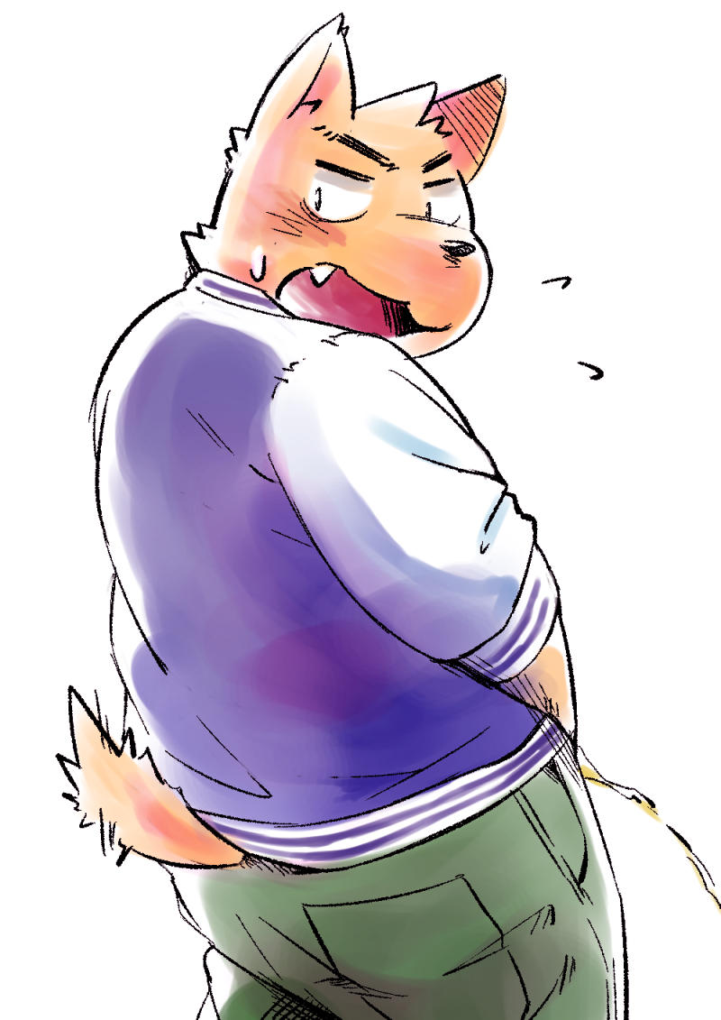 anthro blush bodily_fluids bottomwear clothing cute_fangs fangs genital_fluids kemono male pants peeing shirt simple_background slightly_chubby solo teeth topwear urine urine_stream white_background diru11 canid canine canis domestic_dog mammal 2015