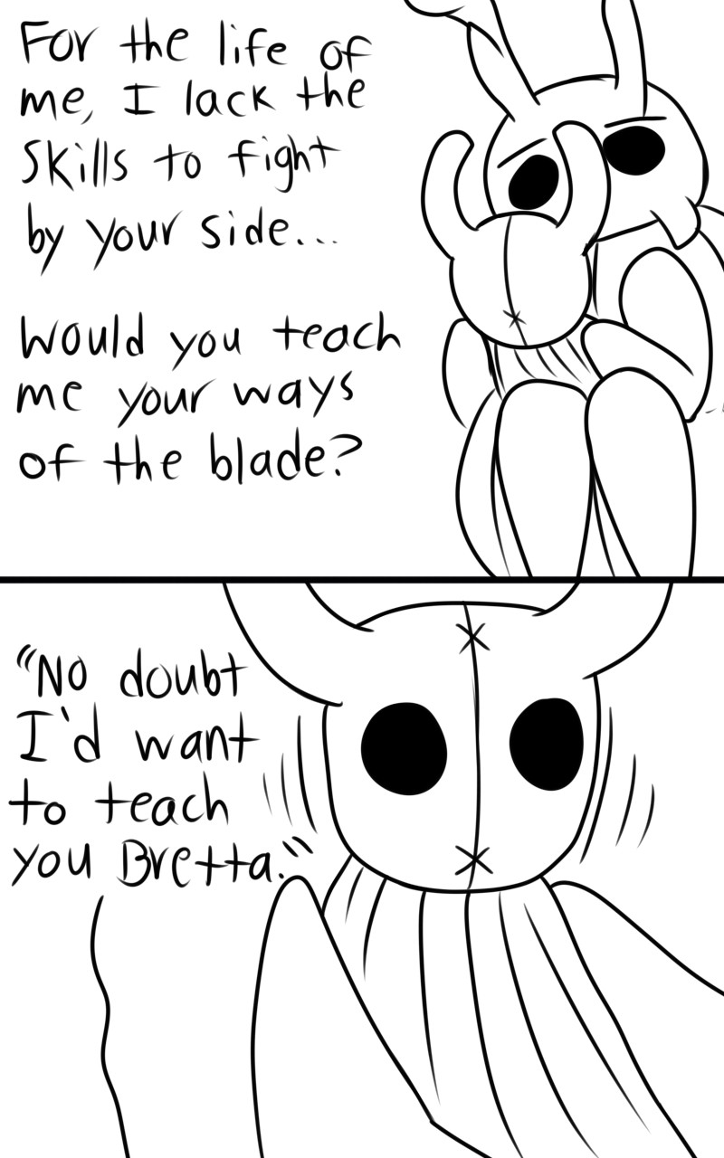 2_panel_comic ambiguous_gender antennae_(anatomy) biped black_text dialogue ellipsis eyebrows looking_at_object motion_lines plushie question_mark simple_background sitting solo text white_background skeletorskeletonized hollow_knight team_cherry bretta_(hollow_knight) the_knight_(hollow_knight) arthropod beetle insect 2020 5:8 comic digital_media_(artwork) english_text hi_res female_(lore)