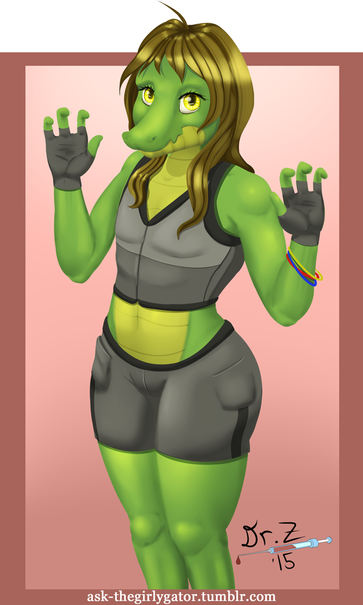 4_fingers anthro bottomwear clothed clothing femboy fingerless_gloves fingers gloves hair handwear long_hair looking_at_viewer male shorts solo text yellow_eyes dr_zombie russie alligator alligatorid crocodilian reptile scalie hi_res url