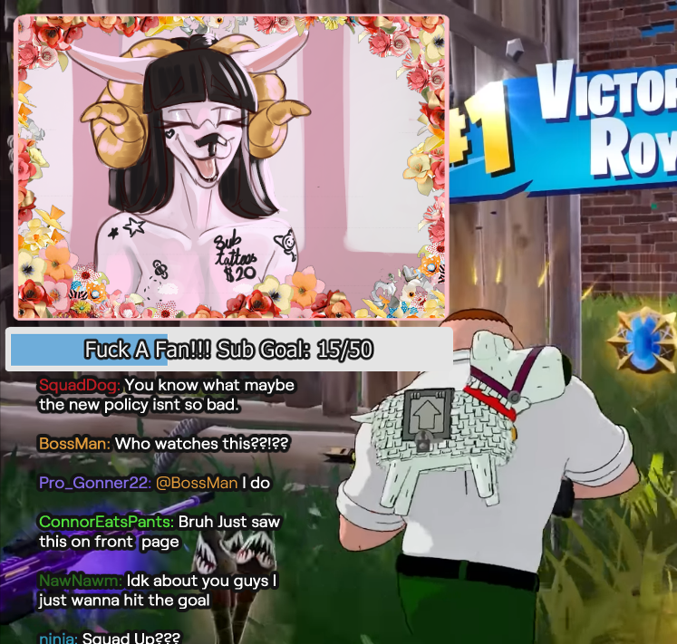 2_horns anthro black_hair body_writing clothed clothing eyelashes eyes_closed female fur hair horn livestream long_ears open_mouth smile solo tattoo text topless white_body white_fur nsfw_jackie third-party_edit epic_games family_guy fortnite twitch.tv brian_griffin maria_cortez peter_griffin bovid caprine goat mammal sheep english_text screencap_edit