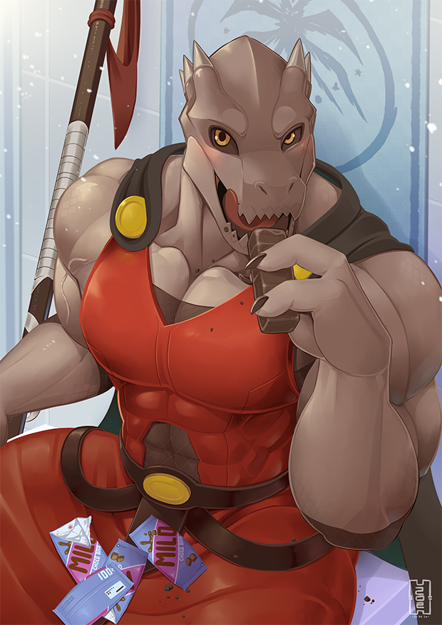 abs anthro biceps black_sclera candy chocolate chocolate_bar claws clothed clothing dessert food male muscular muscular_anthro muscular_male pecs plastic_wrap red_clothing solo tongue tongue_out vein veiny_arms veiny_muscles weapon mumu202 tower_of_god rak_wraithraiser lizard reptile scalie wraithraiser