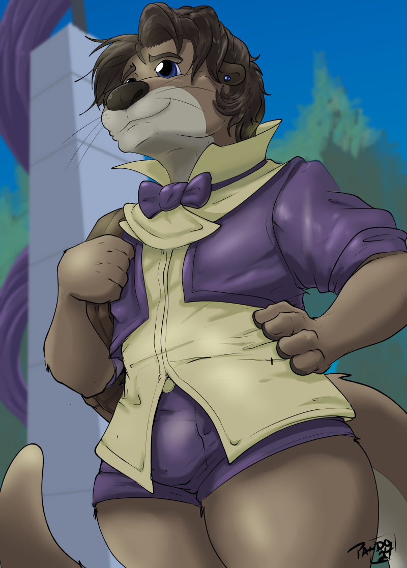 anthro blue_eyes bottomwear bow_tie brown_body brown_fur brown_hair clothing fur hair hotpants male otter_tail plant purple_bottomwear purple_bow_tie purple_clothing purple_hotpants purple_shorts purple_topwear purple_vest shorts solo tan_clothing tan_topwear topwear tree vest pandottermon mammal mustelid otter 2024 artist_name signature