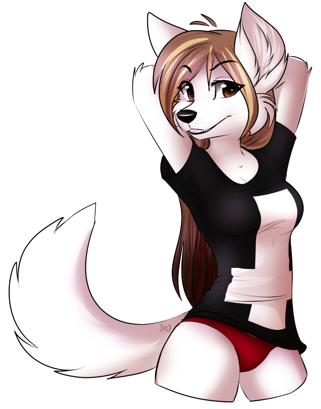 anthro brown_eyes brown_hair camel_toe clothed clothing female fur hair long_hair open_mouth panties pose shirt simple_background solo topwear underwear white_body white_fur taykoe taykoe_(character) canid canine fox mammal