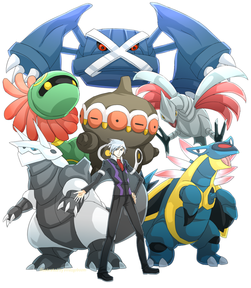 ambiguous_gender feral group male pokemon_champion pose team_pose birdzgoboom nintendo pokemon steven_stone aggron armaldo avian bird claydol cradily fossil_pokemon generation_2_pokemon generation_3_pokemon human mammal metagross pokemon_(species) skarmory alpha_channel