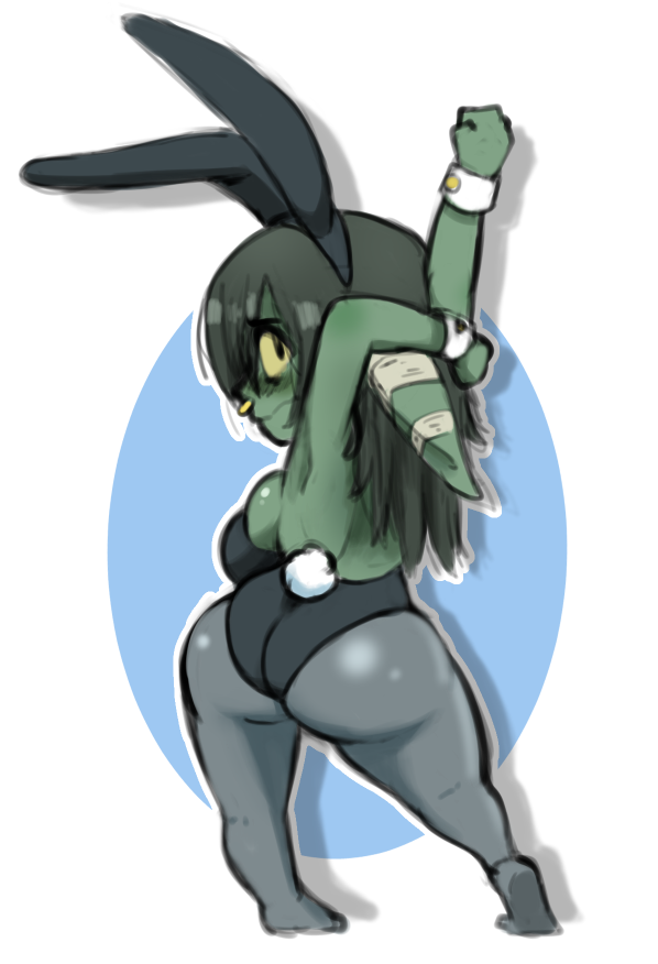 backless_clothing backless_leotard big_breasts big_butt black_hair breast_squish breasts bunny_costume butt clothed clothing costume cuffs_(clothing) exposed_back facial_piercing fake_ears fake_rabbit_ears female green_body green_skin hair holidays humanoid_pointy_ears legwear leotard looking_back nose_piercing nose_ring not_furry open-back_leotard piercing playboy_bunny pointy_ears rear_view ring_piercing short_stack simple_background solo squish strapless_clothing strapless_leotard stretching tights yellow_sclera brachyzoid critical_role easter nott goblin humanoid 2019 digital_media_(artwork)