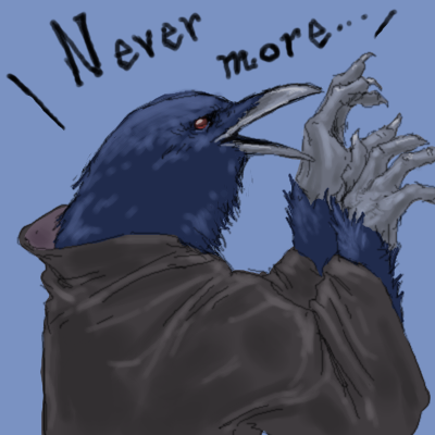 ambiguous_gender anthro beak black_body black_clothing black_feathers black_robe blue_background claws clothed clothing dialogue empty_eyes feathers finger_claws fingers open_mouth red_eyes robe scuted_hands scutes side_view simple_background solo text 4chan_anon edgar_allan_poe the_raven_(poem) avian bird corvid corvus_(genus) oscine passerine raven 1:1 2024 digital_media_(artwork) english_text half-length_portrait low_res oekaki portrait shaded soft_shading