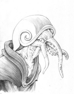 ambiguous_gender anthro cephalopod_shell clothing mollusk_shell monk robe shell solo suction_cup tentacles chris_beaver cephalopod marine mollusk nautilus greyscale low_res monochrome