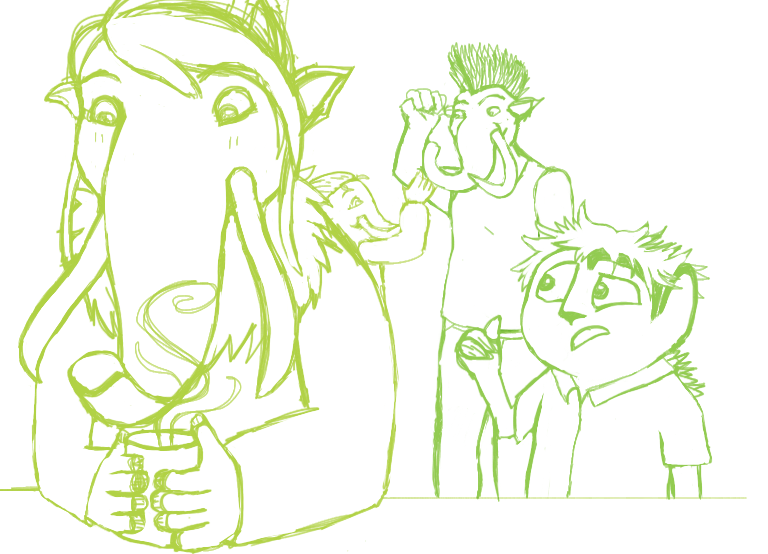 anthro beverage clothed clothing confusion container cup food group hair mohawk shirt simple_background smile standing topwear tusks white_background sugercat blue_sky_studios ice_age_(series) ethan_(ice_age) louis_(ice_age) peaches_(ice_age) elephantid eulipotyphlan hedgehog mammal mammoth prehistoric_species proboscidean monochrome sketch