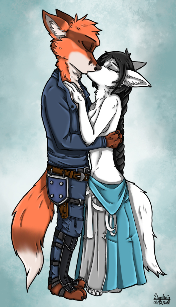 anthro armor black_hair brown_body brown_fur cuddling duo fantasy female fur hair half_naked kissing male male/female medieval white_body white_fur ziegelzeig heleina_(marcusweiss) marcus_weiss_(marcusweiss) arctic_fox canid canine fox mammal true_fox