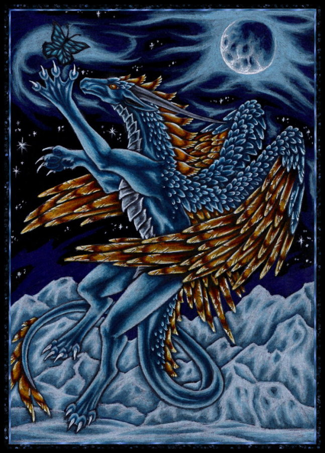 ambiguous_gender black_border blue_body blue_wings border duo feathered_wings feathers feral flying horn moon mountain night quadruped sky star starry_sky tail wings selianth mythology termeraire arthropod butterfly dragon insect lepidopteran mythological_creature mythological_scalie scalie