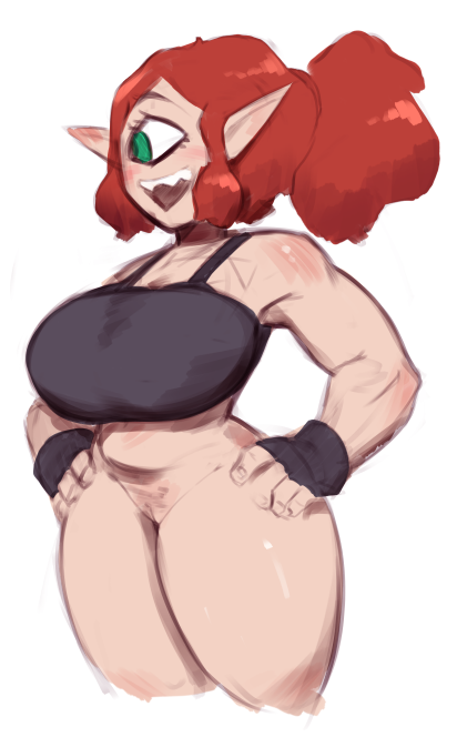 big_breasts bottomless breasts clothed clothing female genitals green_eyes hair humanoid_pointy_ears not_furry open_mouth open_smile pointy_ears pubes pussy red_hair simple_background smile solo lurkin cyclops humanoid 2024