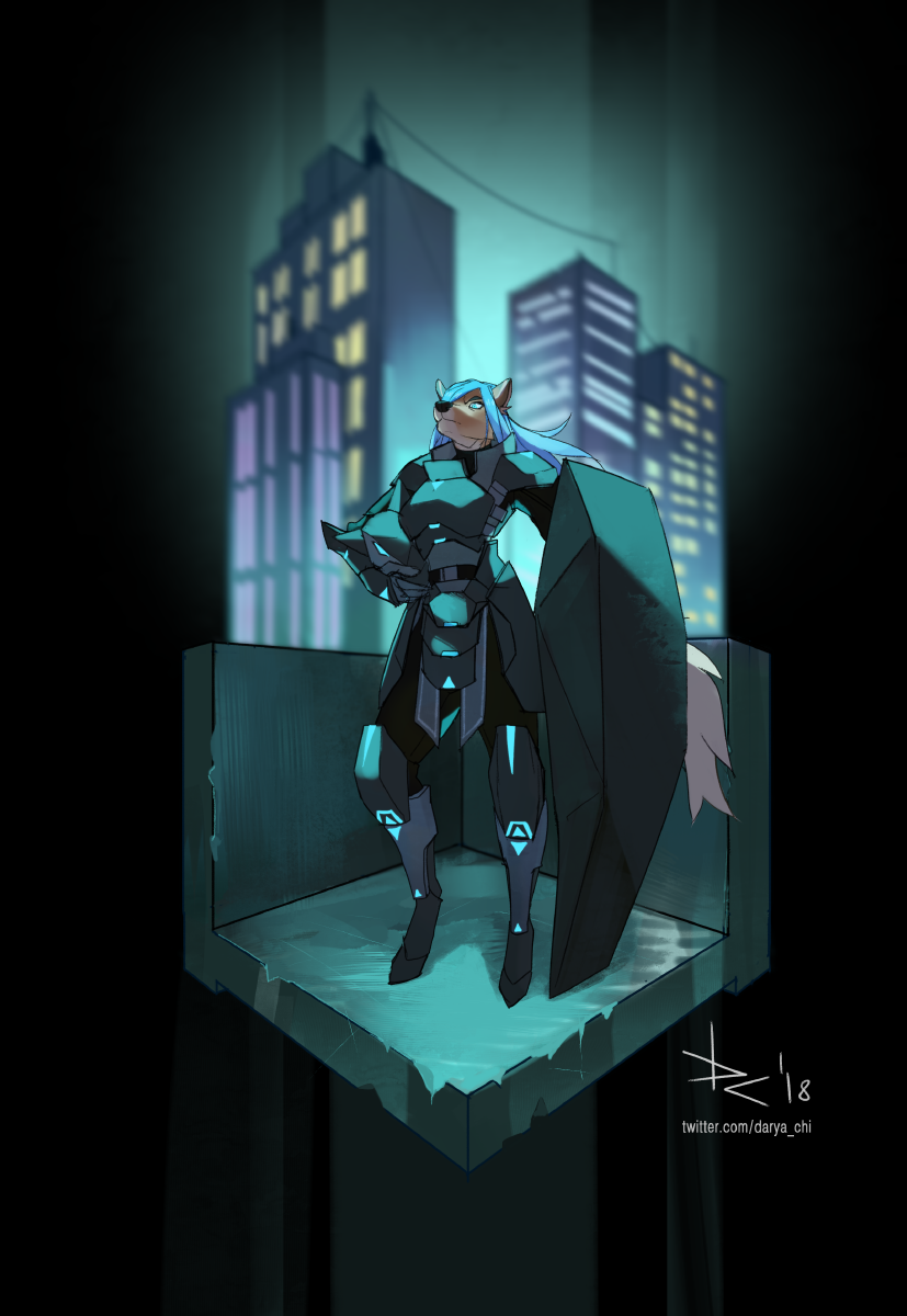 anthro armor blue_hair clothed clothing cyberpunk female hair shield solo standing text fjorge canid canine canis mammal wolf 2018 hi_res sketch url