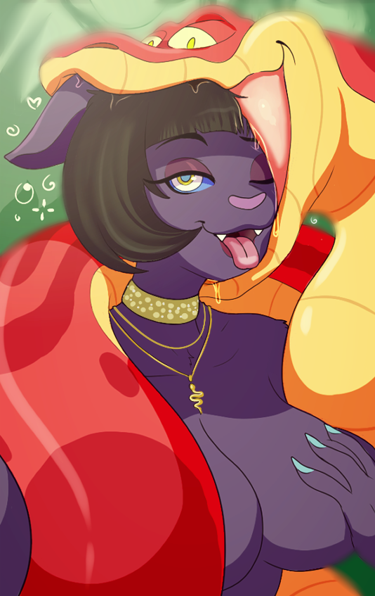 bodily_fluids breasts duo female feral gaping_mouth hand_on_breast hypnosis jewelry mind_control necklace open_mouth saliva teeth tongue tongue_out vore plsgts saalim domestic_cat felid feline felis mammal reptile scalie snake