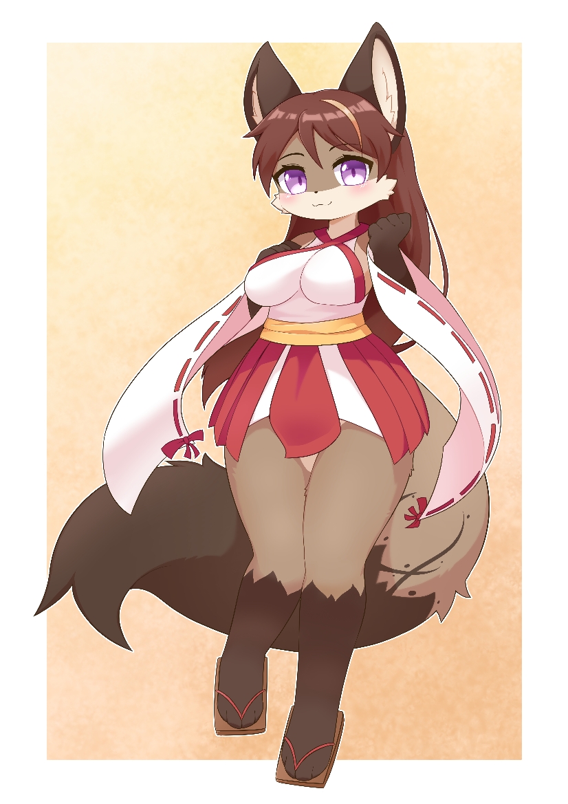 4_toes :3 anthro asian_clothing big_eyes black_nose blush breasts brown_body brown_fur brown_hair closed_smile clothed clothing east_asian_clothing eyebrow_through_hair eyebrows eyelashes feet female fingers footwear fur geometric_background geta hair inner_ear_fluff japanese_clothing kemono long_hair looking_at_viewer medium_breasts mouth_closed multicolored_body multicolored_fur obi pupils purple_eyes red_clothing red_topwear simple_background smile solo standing tail tan_body tan_fur thick_thighs three-quarter_view toes topwear translucent translucent_hair tuft white_clothing white_topwear wide_hips yellow_clothing yellow_obi shirom canid mammal 2024 cel_shading digital_media_(artwork) full-length_portrait portrait shaded