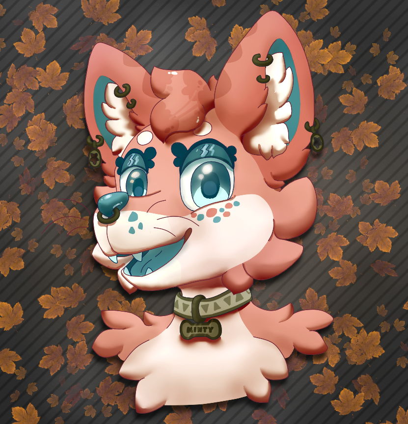 ambiguous_gender anthro autumn autumn_leaves blue_eyes blue_inner_ear blue_nose blue_tongue bone_collar_tag circle_eyebrows collar collar_tag ear_piercing ear_ring eyebrows eyelashes facial_piercing fangs fur glistening_eyelids green_collar head_tuft inner_ear_fluff looking_at_viewer nose_piercing nose_ring open_mouth open_smile piercing pink_body pink_fur ring_piercing septum_piercing septum_ring smile snout solo teeth tongue tuft whisker_spots whiskers white_body white_fur white_inner_ear_fluff mintychipart minty_(mintychipart) canid canine canis domestic_dog husky mammal nordic_sled_dog spitz 2023 bust_portrait digital_drawing_(artwork) digital_media_(artwork) krita_(artwork) portrait shaded