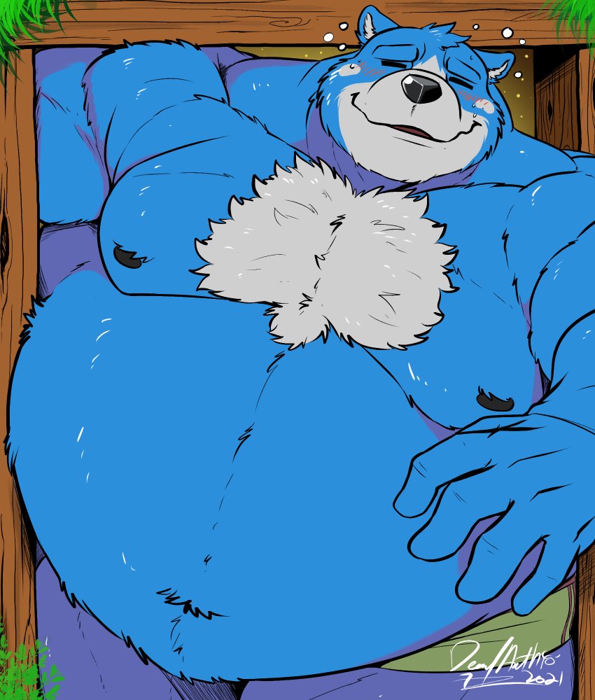 anthro belly black_nose blue_body blue_fur blush fur humanoid_hands male moobs musclegut muscular nipples overweight overweight_anthro overweight_male solo white_body white_fur deadanthro nintendo oracle_of_ages oracle_of_seasons the_legend_of_zelda moosh bear mammal 2021