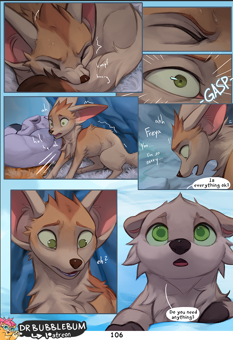 dialogue feral fur green_eyes shaking sleeping tan_body tan_fur teeth text conditional_dnp dr.bubblebum farah_(dr.bubblebum) fryx_(dr.bubblebum) princess_nix_(dr.bubblebum) arctic_fox canid canine fennec_fox fox mammal mustelid otter true_fox 2024 comic english_text