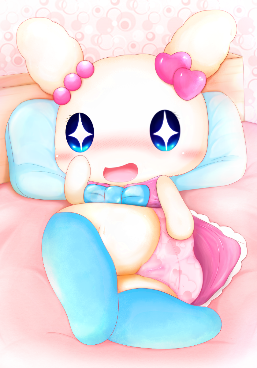 anthro bed big_eyes blue_eyes blush bow_(feature) bow_tie clothing dress female furniture heart_symbol legwear looking_at_viewer open_mouth panties pillow presenting solo stockings toony underwear naoya tamagotchi lovelitchi hi_res