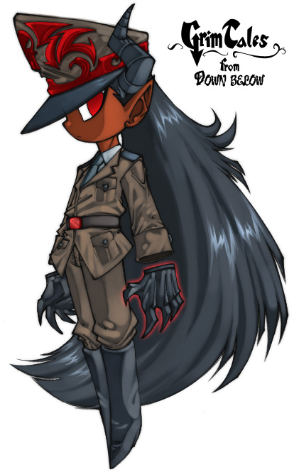 black_hair boots chibi claws clothed clothing dark_body dark_skin female floating footwear glowing hair hat headgear headwear horn long_hair looking_at_viewer military military_uniform not_furry peaked_cap red_eyes shoes simple_background solo text uhoh uniform white_background bleedman grim_tales_from_down_below mimi_her demon demon_humanoid horned_humanoid humanoid english_text