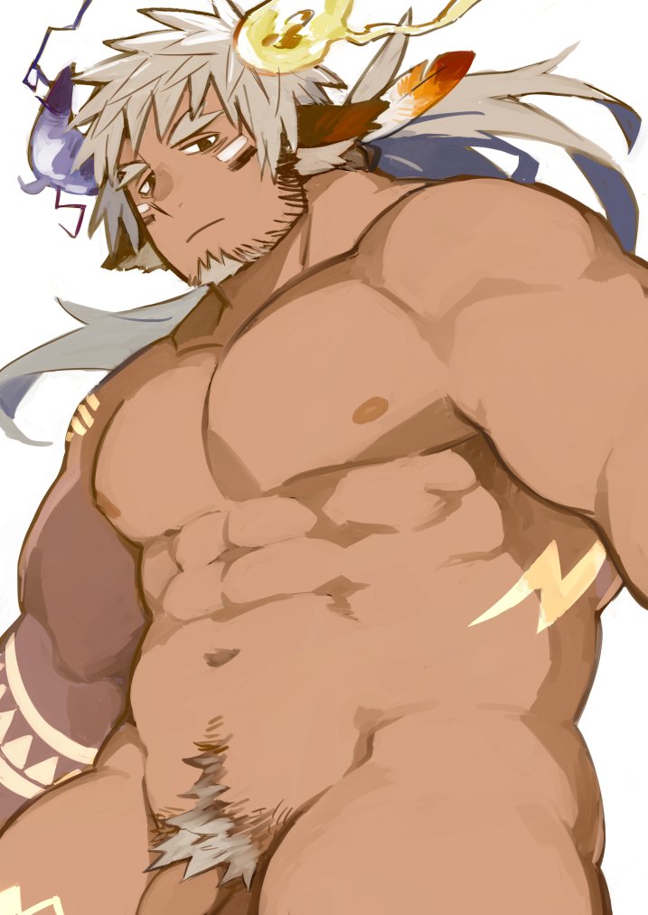 abs areola eye_black facial_hair genitals hair horn loose_feather male muscular muscular_humanoid muscular_male nipples nude pecs penis penis_base pubes simple_background solo tattoo white_background white_hair kuronezumiinu lifewonders tokyo_afterschool_summoners wakan_tanka_infinity_(tas) animal_humanoid bovid bovid_humanoid humanoid mammal mammal_humanoid