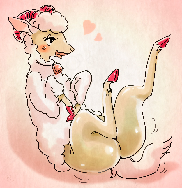 bedroom_eyes blush butt colored_nails cowbell female feral fur half-closed_eyes heart_symbol hooves horn makeup nails narrowed_eyes open_mouth red_hooves seductive sheared simple_background sitting smile solo spread_legs spreading suggestive tongue tongue_out wool_(fur) melonleaf bovid caprine domestic_sheep mammal sheep