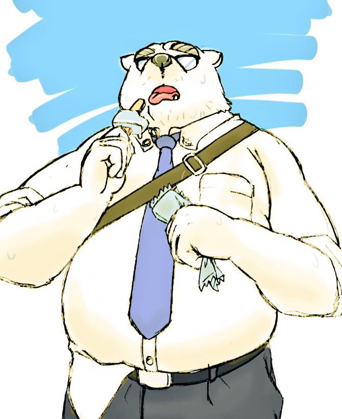 anthro belly bottomwear clothing eyewear fur glasses humanoid_hands male necktie overweight overweight_anthro overweight_male pants shirt solo tongue tongue_out topwear white_body white_fur rentcg bear mammal polar_bear ursine 2016