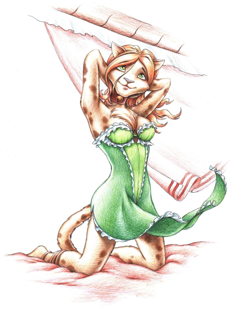 anklet anthro bell biped breasts chest_tuft cleavage clothed clothing collar curtains dress female fur green_eyes hair jewelry kneeling red_hair solo tail tuft wind antaeus dandelion_(character) felid lion mammal pantherine