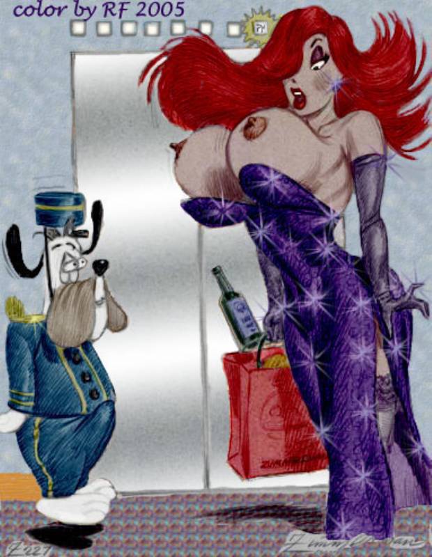 anthro big_breasts bottle breasts bulge clothed clothing container detailed_bulge dress duo ear_piercing elevator erection erection_under_clothing female genital_outline hair huge_breasts male nipples penis_outline piercing red_hair julius_zimmerman disney droopy_(series) metro-goldwyn-mayer tex_avery who_framed_roger_rabbit droopy_dog jessica_rabbit basset_hound canid canine canis domestic_dog human hunting_dog mammal scent_hound