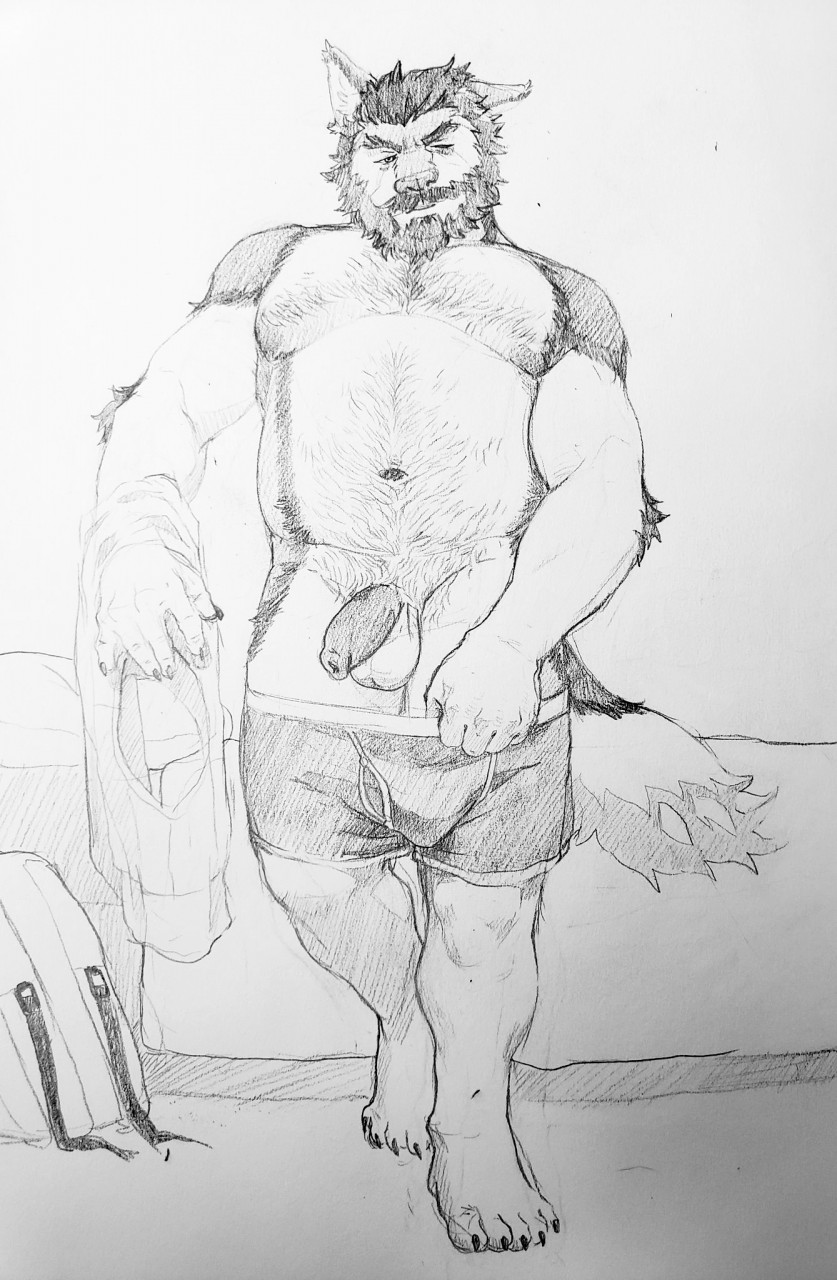 anthro balls barazoku beard body_hair clothing facial_hair foreskin genitals male nipples overweight overweight_male penis slightly_chubby solo underwear undressing erebonbon jakekarfield canid canine canis coyote mammal hi_res monochrome