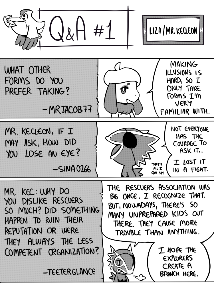 ambiguous_gender anthro biped black_text dialogue duo ellipsis eye_patch eyewear floppy_ears letter number open_mouth open_smile pseudo_hat pupils question_mark questions_and_answers smile speech_bubble text tongue white_pupils white_sclera wings flavia-elric nintendo pokemon liza_(yapc) mr.kecleon_(yapc) generation_2_pokemon generation_3_pokemon kecleon pelipper pokemon_(species) smeargle 2020 3:4 digital_media_(artwork) english_text