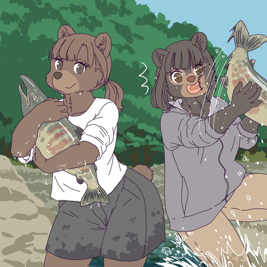 anthro clothed clothing female fishing group kemono wet wet_clothing ekaki510 bear brown_bear fish grizzly_bear mammal marine salmon salmonid_(fish) sun_bear ursine 1:1